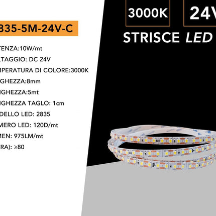 STRISCE LED/2835/120D/24V/3000K/5MStrisce LED 24V 3000K (calda) - 5m 120 LED/m, PVC flessibile - Illuminazione a luce calda enzoled