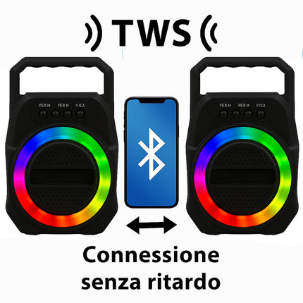 Cassa bluetooth TWS radio FM luci led RGB 5W ricaricabile USB/TF/AUX enzoled