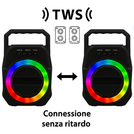 Cassa bluetooth TWS radio FM luci led RGB 5W ricaricabile USB/TF/AUX enzoled