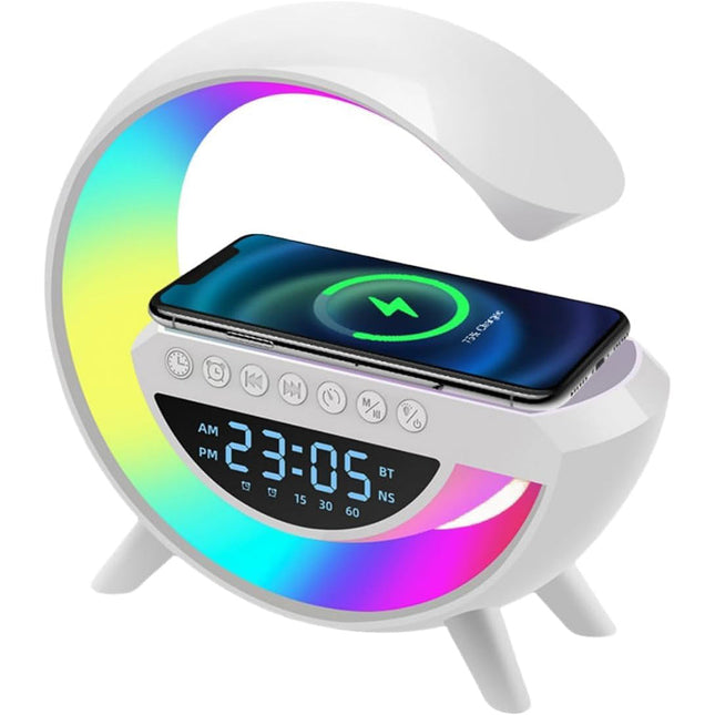 Cassa Speaker bluetooth lampada G RGB con ricarica per smartphone induzione orologio sveglia enzoled
