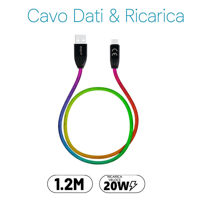 Cavo dati e ricarica multicolore USB TYPE-C LIGHTNING x Android e Ios