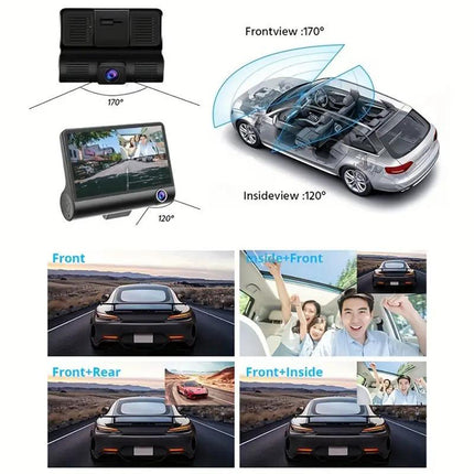Dash Cam DVR monitor 4¡± 3 telecamera anteriore interna e retromarcia hd 1080p regista su SD visone notturna - enzoled