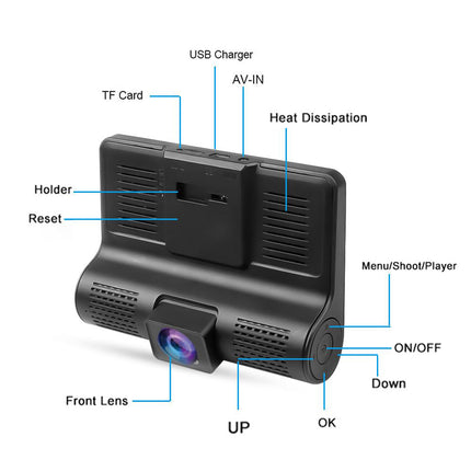 Dash Cam DVR monitor 4¡± 3 telecamera anteriore interna e retromarcia hd 1080p regista su SD visone notturna - enzoled