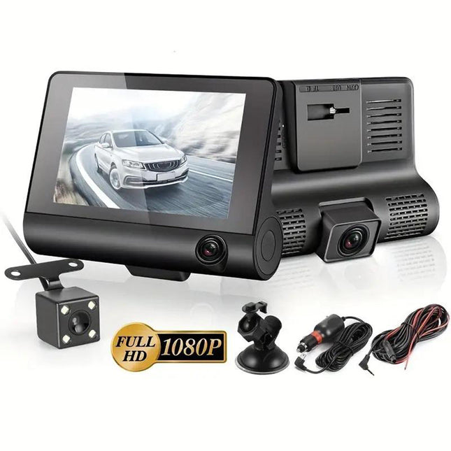 Dash Cam DVR monitor 4¡± 3 telecamera anteriore interna e retromarcia hd 1080p regista su SD visone notturna - enzoled