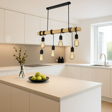 Lampadario sospensione in legno stile Industriale 6 portalampada E27