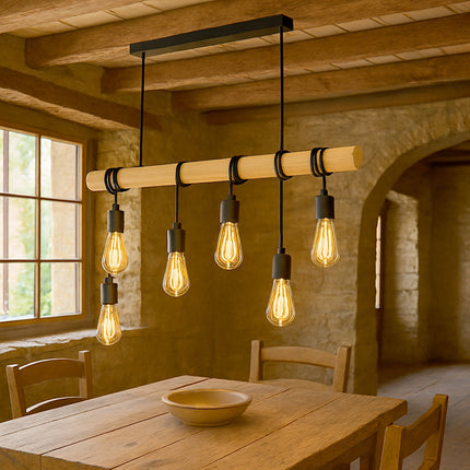 Lampadario sospensione in legno stile Industriale 6 portalampada E27