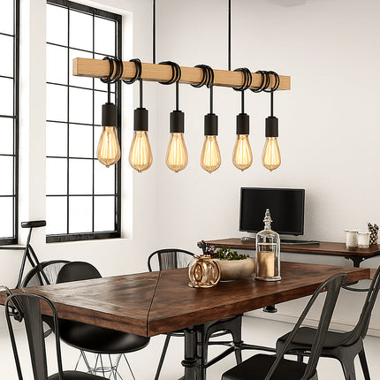 Lampadario sospensione in legno stile Industriale 6 portalampada E27