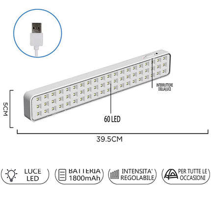 Lampada torcia emergenza ricaricabile USB 30 e 60 led dimmerabile
