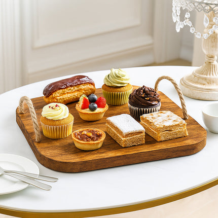 Vassoio quadrato in legno manici in canapa per aperitivo 33x33 cm