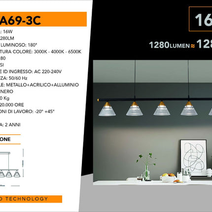 Lampadario da Soffitto 16W 3000K-6500K, Design Moderno Nero con Materiali Compositi - Ideale per Interni Eleganti enzoled