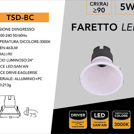 Faretto led cob tondo da incasso 5 watt effetto scomparsa lampada per controsoffitto cucina soggiorno luce fredda 6500k calda 3000k o naturale 4000k enzoled