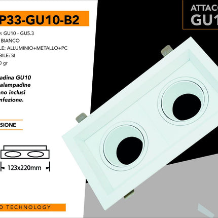 Supporto Portafaretto Recesso Bianco 2XGU10 in Alluminio+Metallo+PC per Lampade LED enzoled
