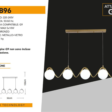 LAMPADARIO A SOSPENSIONE DA SOFFITTO TWISTER CON 5 SFERE IN VETRO ATTACCHI PER LAMPADINE G9 enzoled