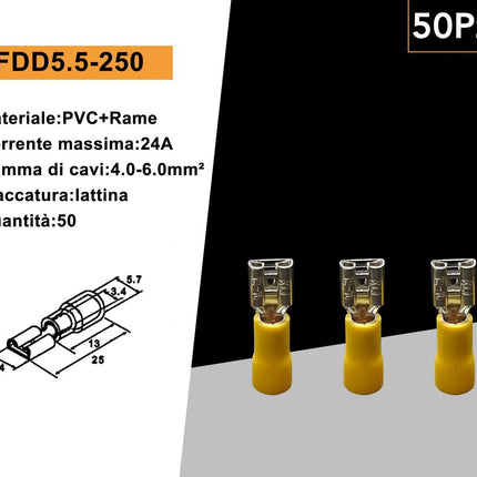 50 Terminali Capicorda Femmina FDD5.5-250 Gialli per Cavi 4-6mm² – Connettori Elettrici Isolati enzoled