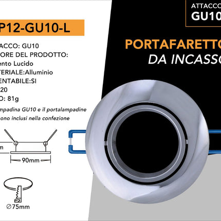 Supporto Portafaretto Argento Lucido 75mm in Alluminio per Lampade LED enzoled