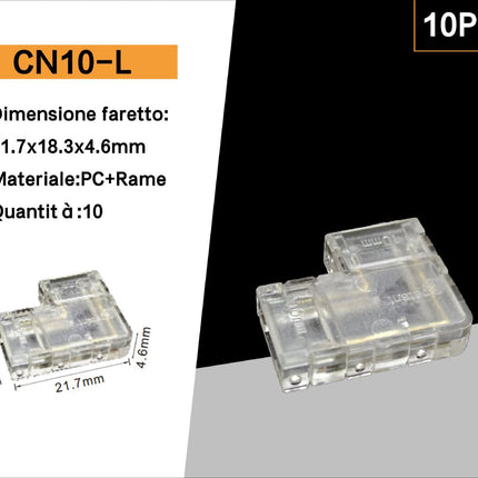 10 Connettori Angolari Trasparenti 2 Pin per Striscia LED Monocolore 10mm – Giunzione a 90° Senza Saldature enzoled