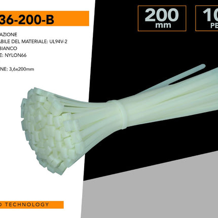 100 Fascette Serracavo Autobloccanti 3.6x200mm in Nylon Bianco – Per Fissaggio Cavi, Uso Elettrico e Domestico enzoled