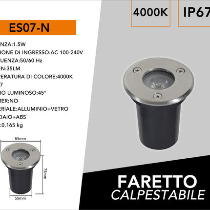 Faretto incasso segnapasso 1 led 1,5 watt calpestabile luce  da esterno vialetto illuminazione esterni IP65 fredda 6500k calda 3000k naturale 4000k enzoled