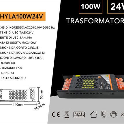 ALIMENTATORE SLIM METALLICO STABILIZZATO SWITCHING TRIMMER 220V-24V 4.16A 100 WATT COLORE NERO - enzoled