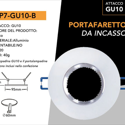 Supporto GU10 in Alluminio Bianco 60mm Tondeggiante per Lampade LED enzoled