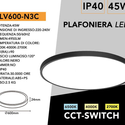 Plafoniera a led moderna ultra slim 45 watt con tecnologia CCT da 6500k a 2700k con switch lampada da soffitto enzoled