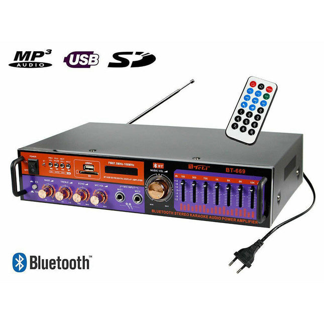Amplificatore bluetooth audio 2 ingressi microfono FM con telecomando