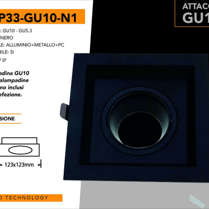Supporto Portafaretto Recesso Nero 1XGU10 in Alluminio+Metallo+PC per Lampade LED enzoled