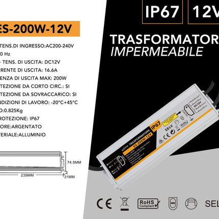 Alimentatore impermeabile 12V 200W 16.6A - Trasformatore IP67 per esterni | Custodia in alluminio argentato resistente enzoled