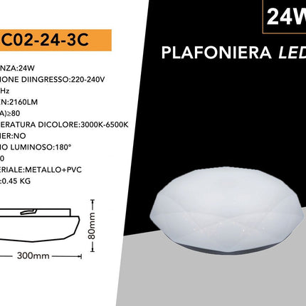 Plafoniera da soffitto forma diamante scocca a puntini trasparente da 18 24 e 36 watt con tecnologia CCT tre colorazione di luce con switch enzoled