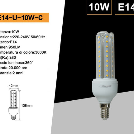Lampadina LED E14 3U 10W 3000K – Risparmio energetico 85% | Design moderno 3U per illuminazione elegante enzoled