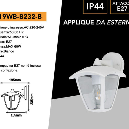 Applique lanterna da parete per giardino facciate lampada da muro grigio e bianco E27 IP44 enzoled