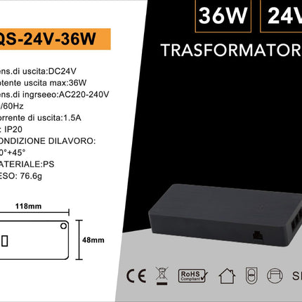 Alimentatore per mobili 24V 36W - Trasformatore per luci da cucina e armadi | Materiale PS (Polistirene) resistente enzoled
