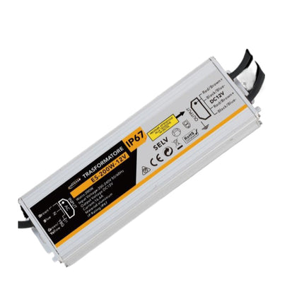Alimentatore impermeabile 12V 200W 16.6A - Trasformatore IP67 per esterni | Custodia in alluminio argentato resistente enzoled