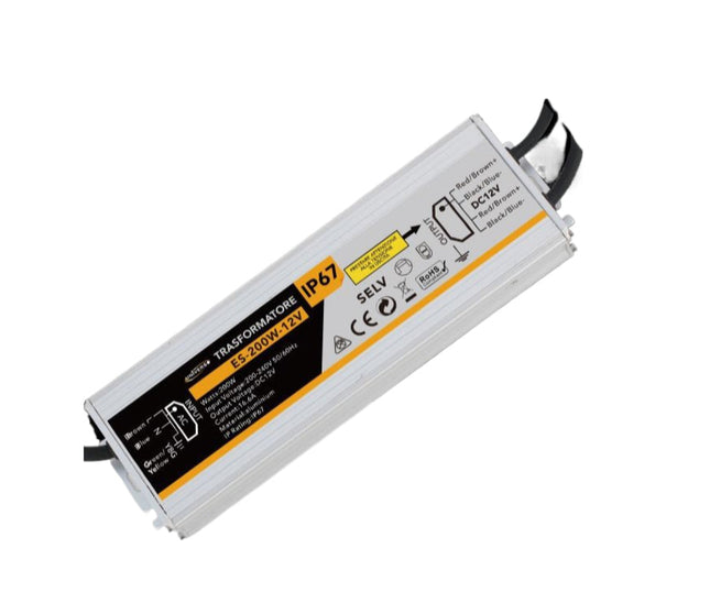 Alimentatore impermeabile 12V 200W 16.6A - Trasformatore IP67 per esterni | Custodia in alluminio argentato resistente enzoled