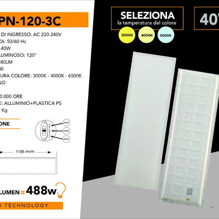 Pannello led da incasso 120x30 cm plafoniera da soffitto 40 watt tre colorazione di luce fredda 6500k calda 3000k naturale 4000k enzoled