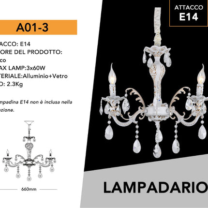Lampadario da soffitto bianco 3xE14 - Alluminio + Vetro, luce soffusa elegante enzoled
