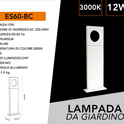 Lampione da giardino 12 watt lampada bianco con cerchio led cob palo per esterni 50 cm luce fredda 6500k calda 3000k naturale 4000k enzoled
