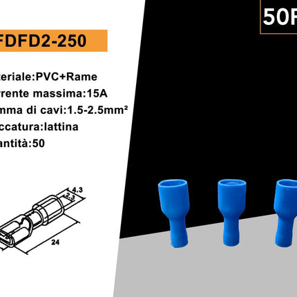 50 Terminali Capicorda Femmina Isolati FDFD2-250 Blu per Cavi 1.5-2.5mm² – Connettori Elettrici enzoled