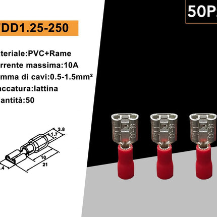 50 Pezzi Terminali Capicorda Femmina FDD1.25-250 Rosso per Cavi 0.5-1.5mm² – Connettori Elettrici enzoled