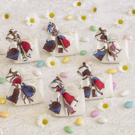 6 bomboniere a forma di borsetta con foulard portaconfetti per eventi