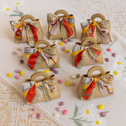 6 bomboniere a forma di borsetta con foulard portaconfetti per eventi