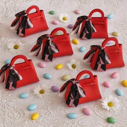 6 bomboniere a forma di borsetta con foulard portaconfetti per eventi