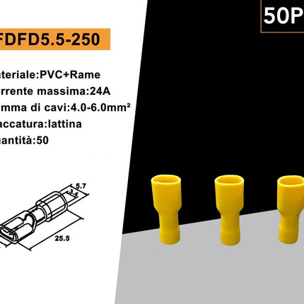 50 Terminali Capicorda Femmina Isolati FDFD5.5-250 Gialli per Cavi 4-6mm² – Connettori Elettrici Faston enzoled