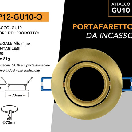 Supporto Portafaretto Tondo Oro 75mm in Alluminio per Lampade LED enzoled