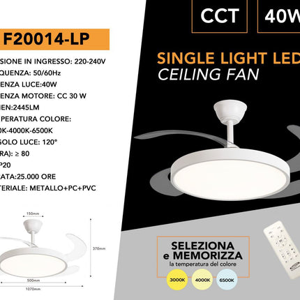 Ventilatore LED Universo 30W - 40W Lampada LED 3IN1, Cambia Colore, Telecomando per Illuminazione e Raffreddamento enzoled