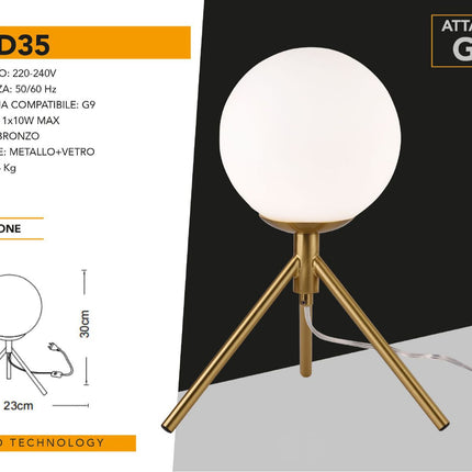 Lampada da tavolo minimalista bronzo treppiedi con sfera lume abat jour per soggiorno open space G9 enzoled