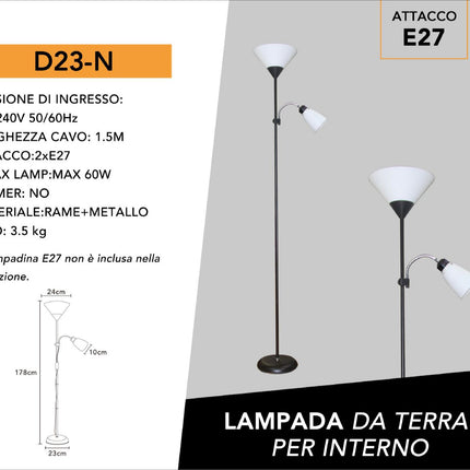 Lampada a piantana da terra con doppio paralume luce orientabile in metallo per salotto enzoled