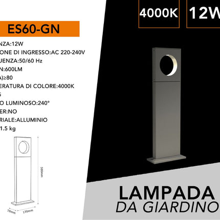 Lampione da giardino 12 watt lampada grigio con cerchio led cob palo per esterni 50 cm luce fredda 6500k calda 3000k naturale 4000k enzoled