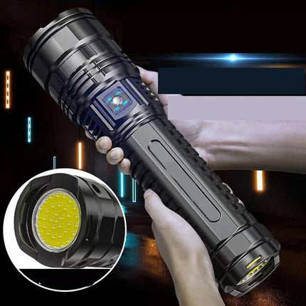 Torcia led 600 metri con zoom ricaricabile 3 modalità di illuminazione emergenza lampeggiante con tracolla - enzoled