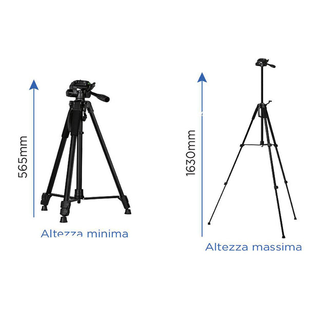 Cavalletto treppiedi con telecomando bluetooth altezza 163 e 206 cm